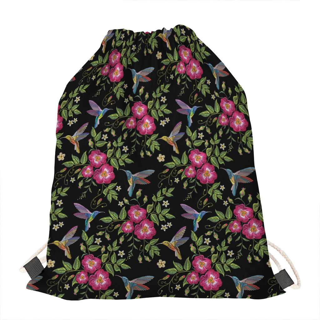 Wild Flowers And Hummingbird Print Drawstring Bag