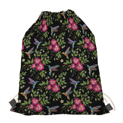 Wild Flowers And Hummingbird Print Drawstring Bag