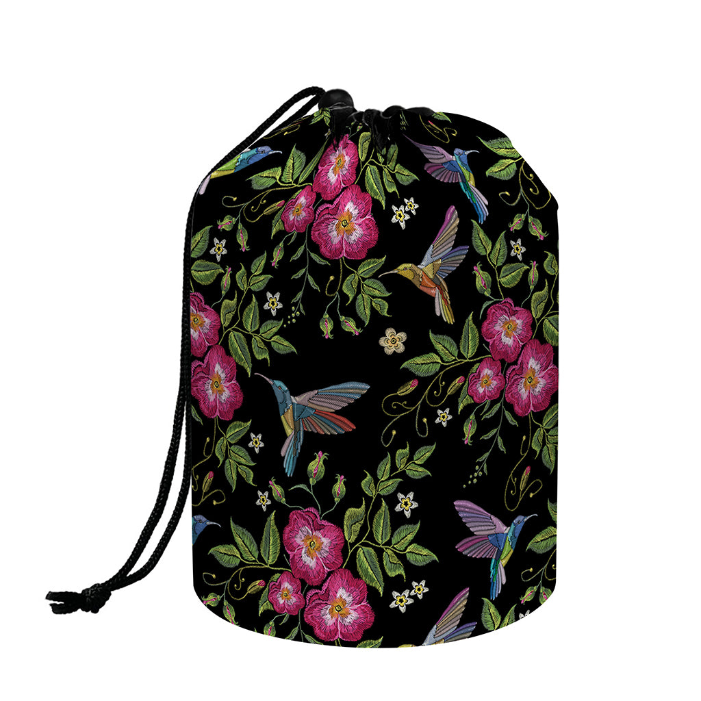 Wild Flowers And Hummingbird Print Drawstring Makeup Bag