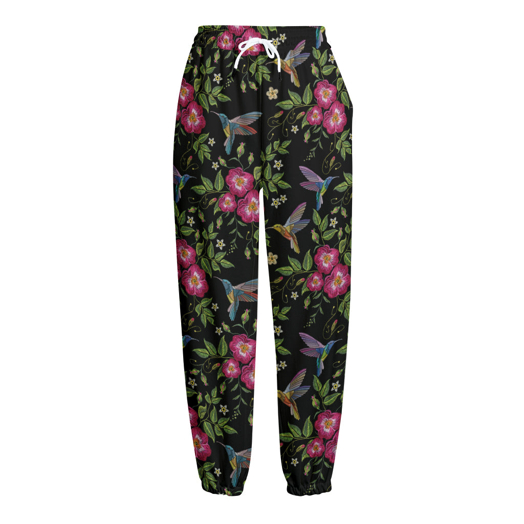 Wild Flowers And Hummingbird Print Fleece Lined Knit Pants