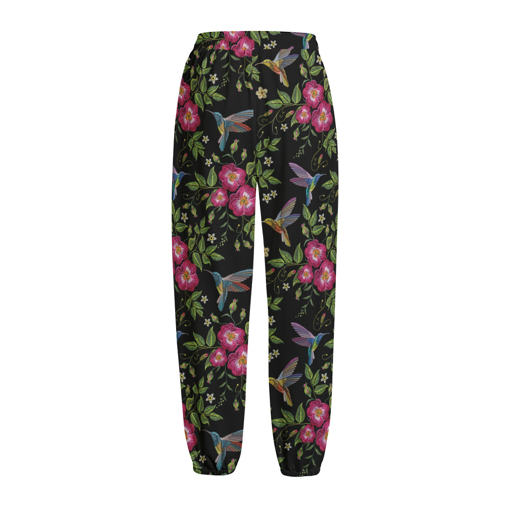 Wild Flowers And Hummingbird Print Fleece Lined Knit Pants