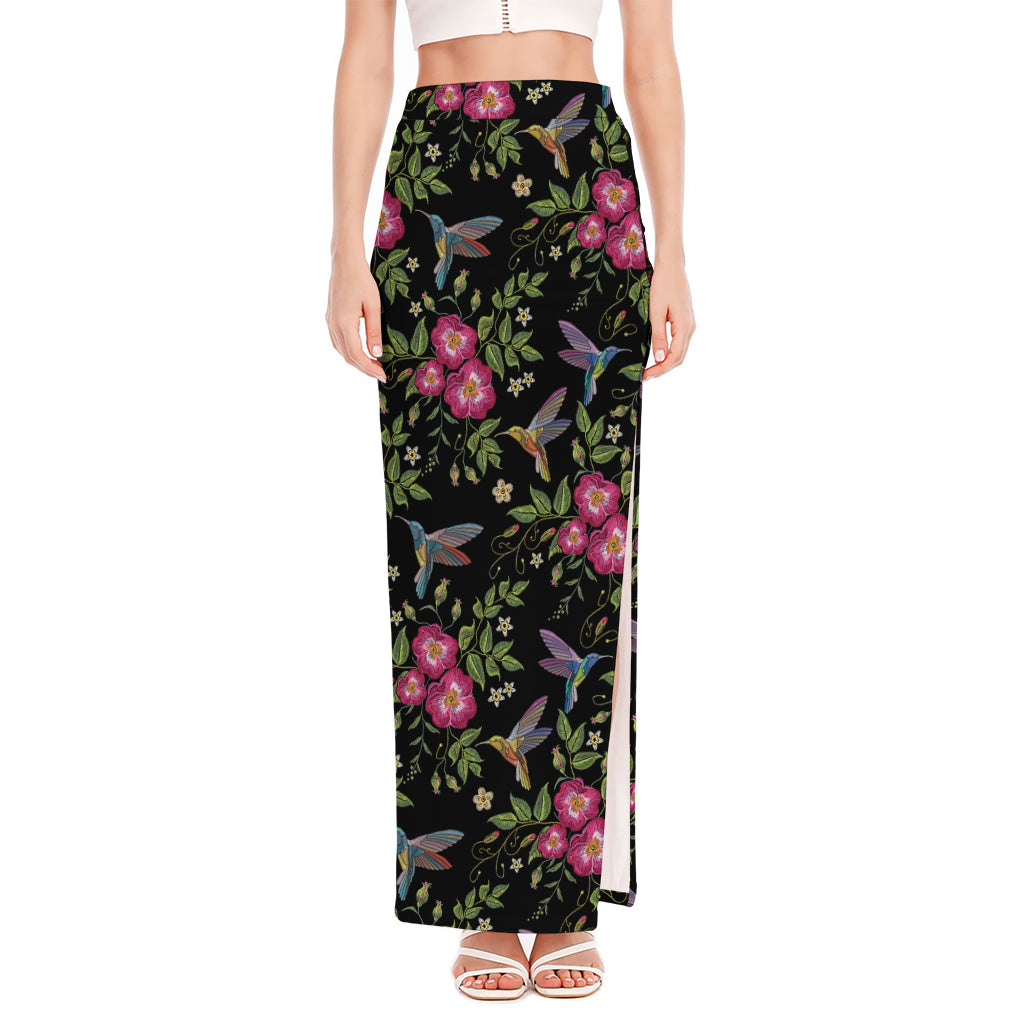 Wild Flowers And Hummingbird Print High Slit Maxi Skirt