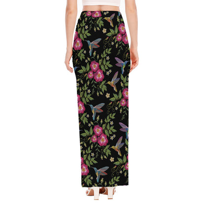 Wild Flowers And Hummingbird Print High Slit Maxi Skirt