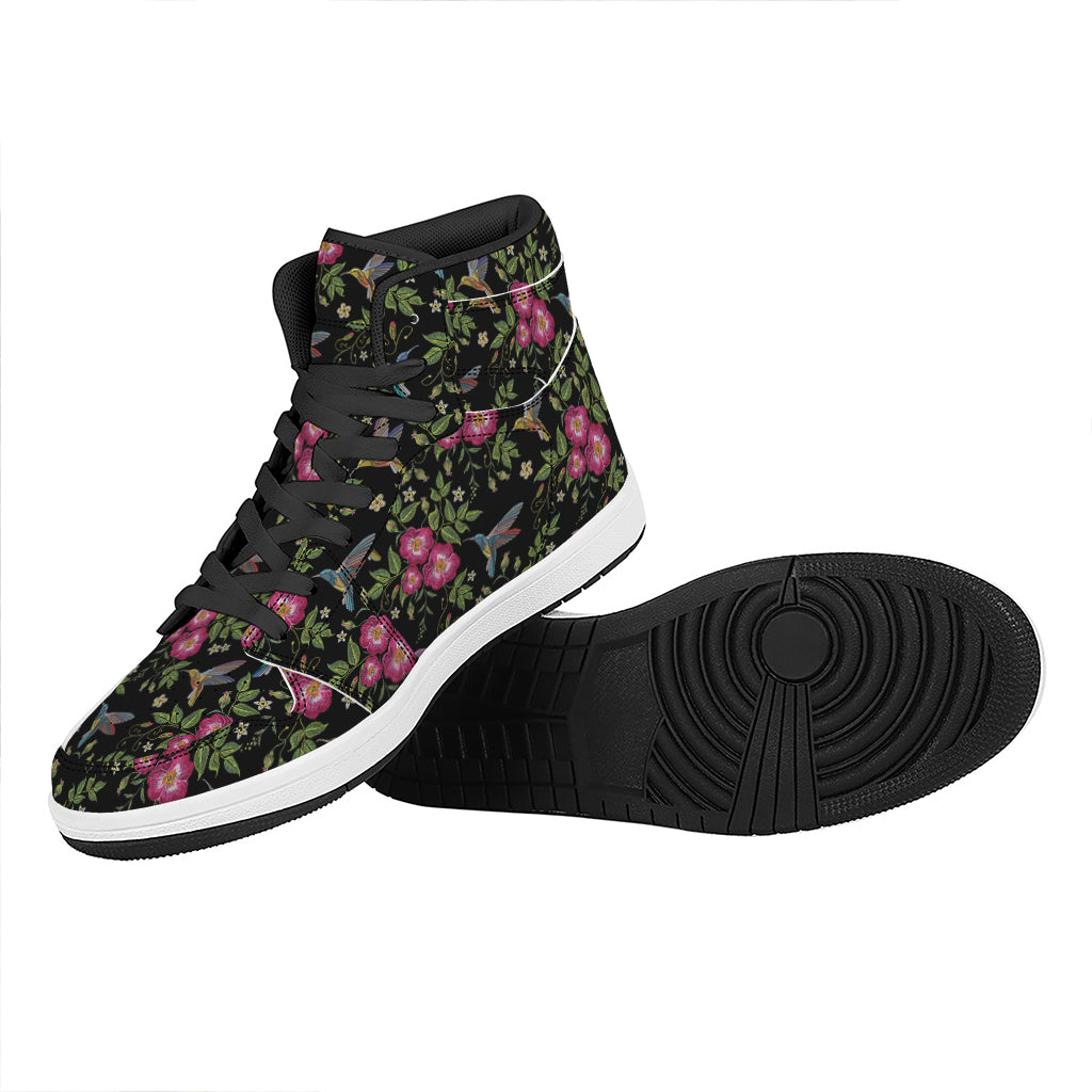 Wild Flowers And Hummingbird Print High Top Leather Sneakers