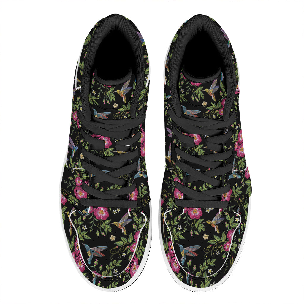 Wild Flowers And Hummingbird Print High Top Leather Sneakers
