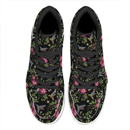 Wild Flowers And Hummingbird Print High Top Leather Sneakers