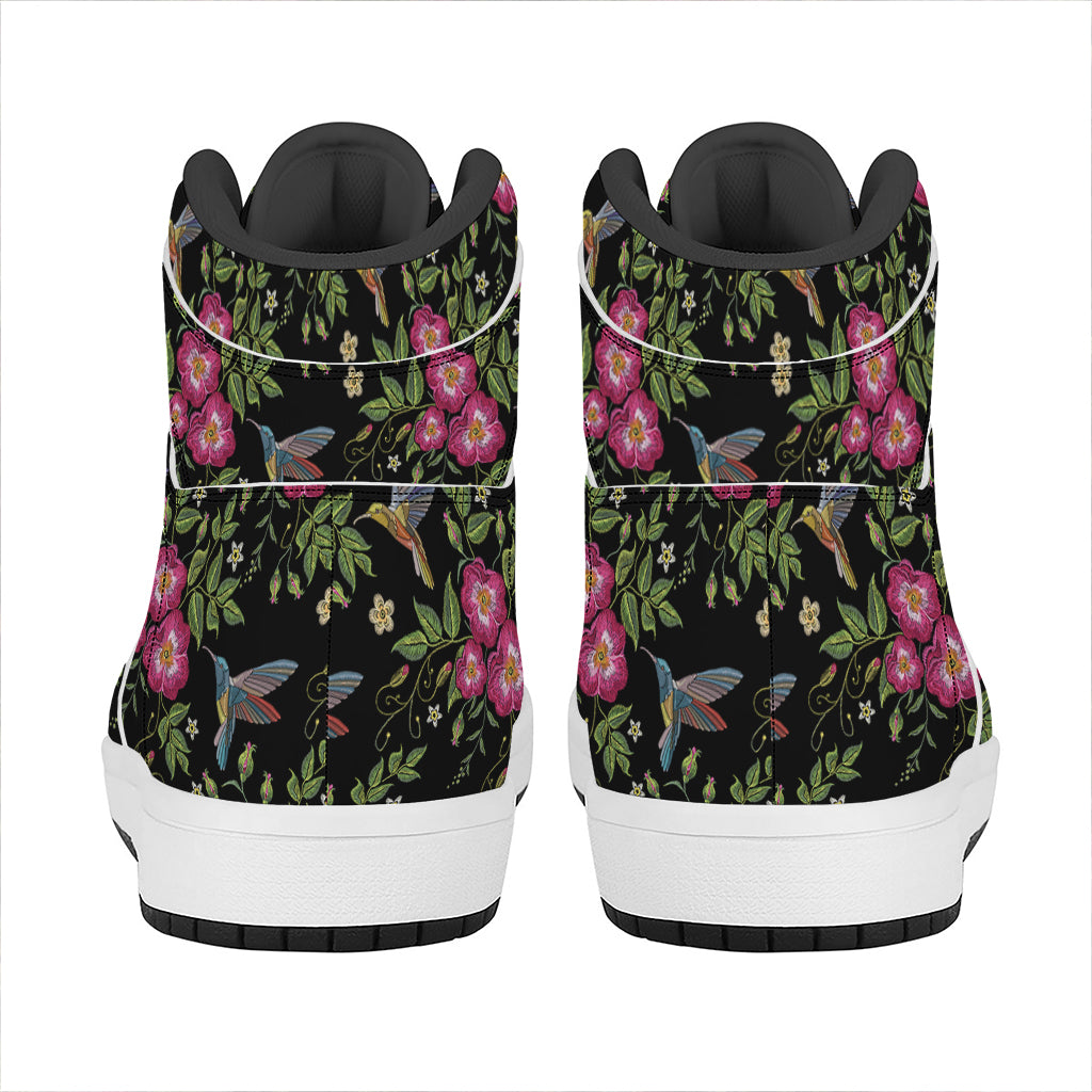 Wild Flowers And Hummingbird Print High Top Leather Sneakers