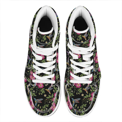 Wild Flowers And Hummingbird Print High Top Leather Sneakers