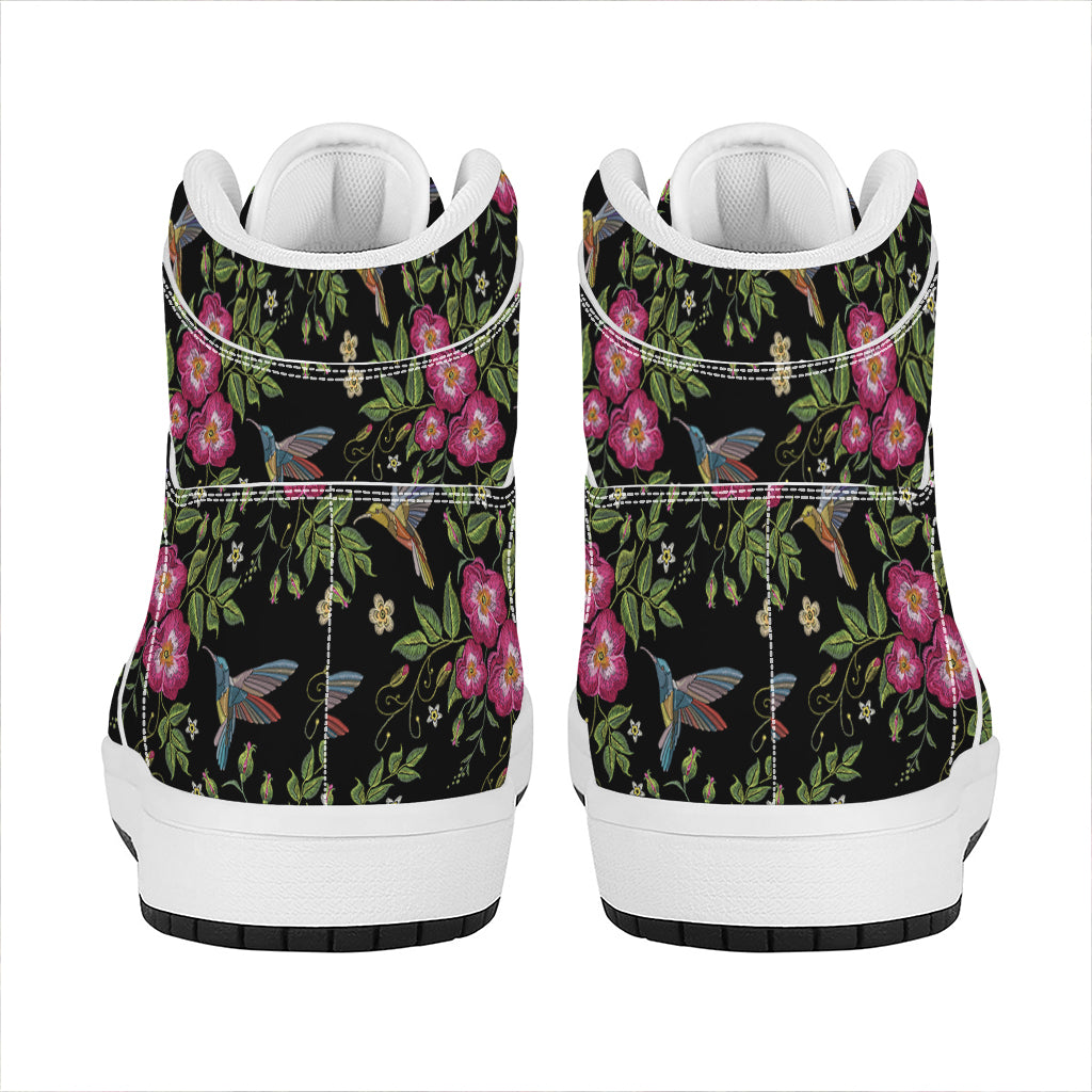 Wild Flowers And Hummingbird Print High Top Leather Sneakers