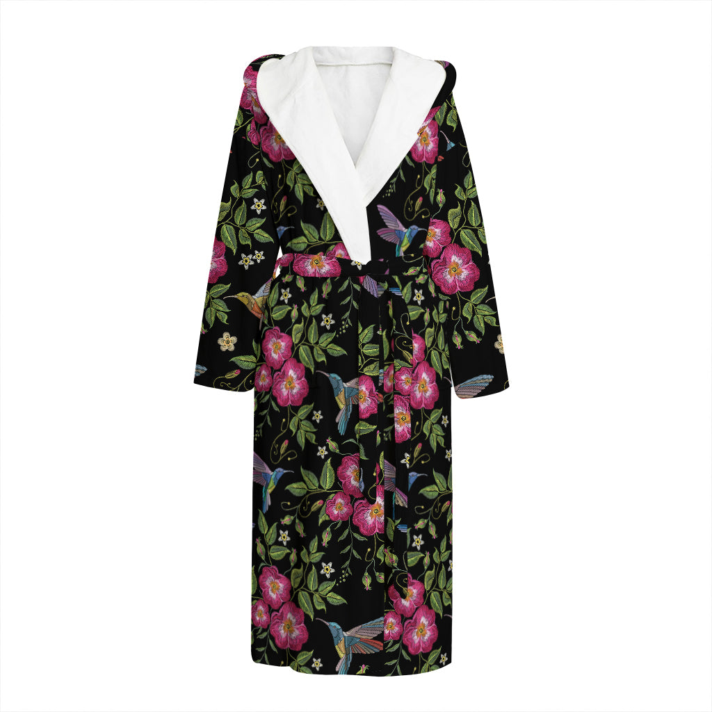 Wild Flowers And Hummingbird Print Hooded Bathrobe