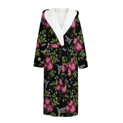 Wild Flowers And Hummingbird Print Hooded Bathrobe