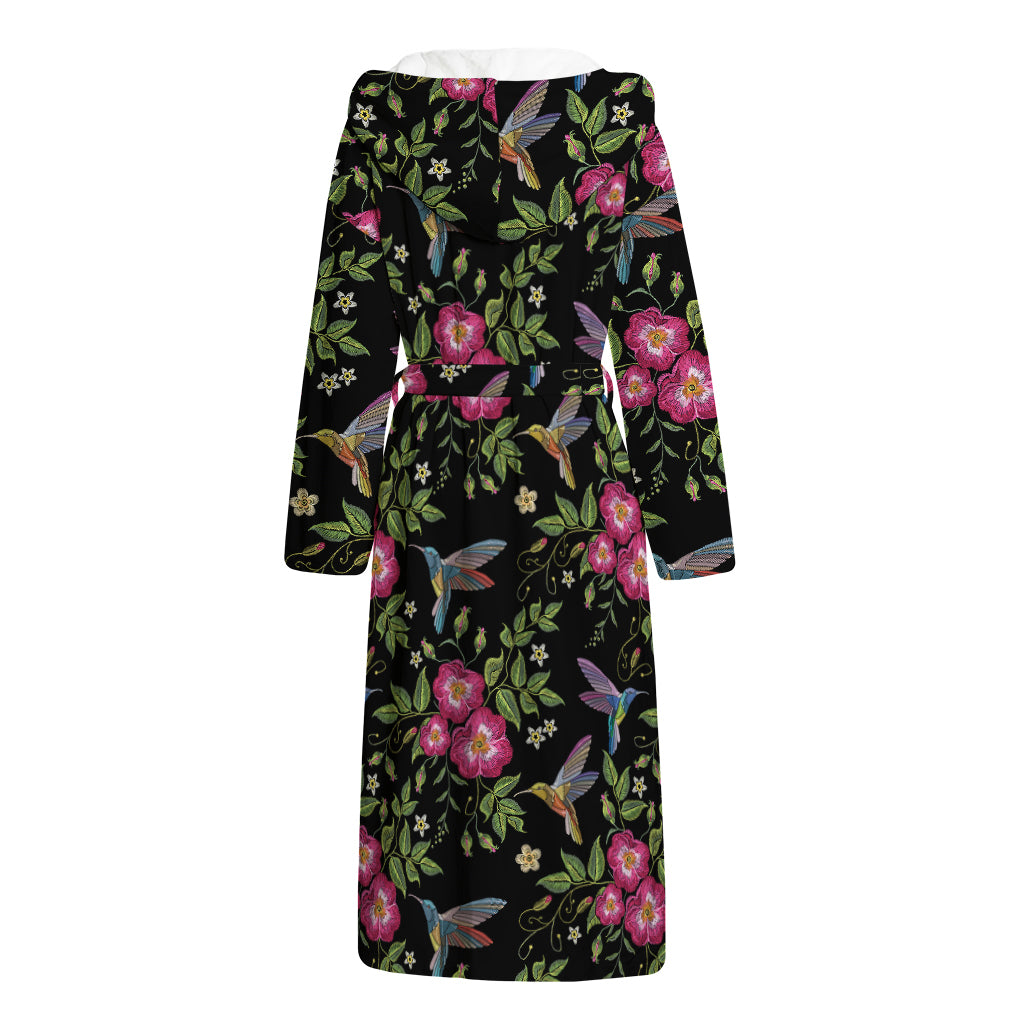 Wild Flowers And Hummingbird Print Hooded Bathrobe