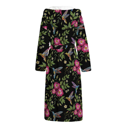 Wild Flowers And Hummingbird Print Hooded Bathrobe