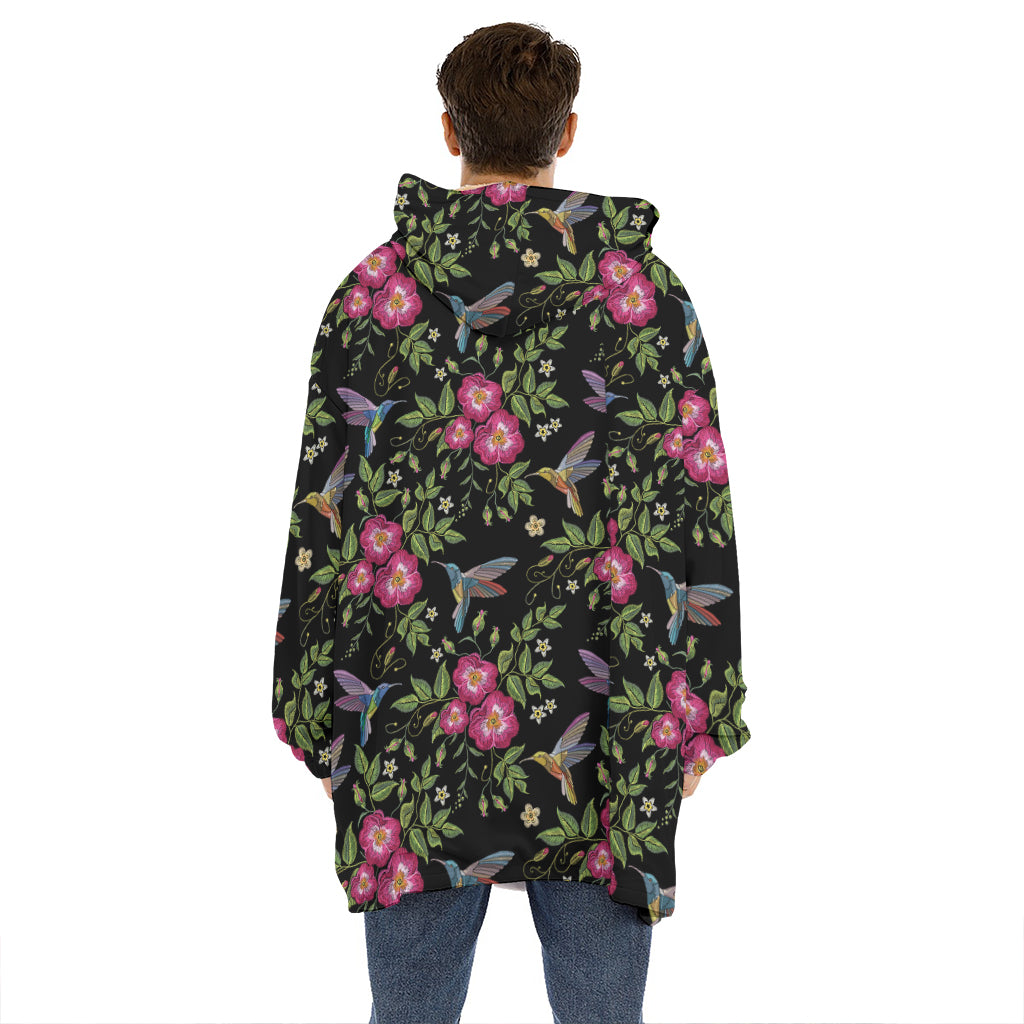 Wild Flowers And Hummingbird Print Hoodie Blanket