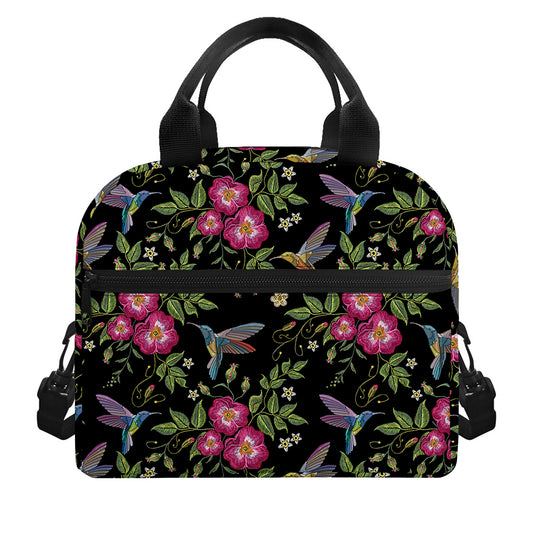 Wild Flowers And Hummingbird Print Insulated Lunch Bag