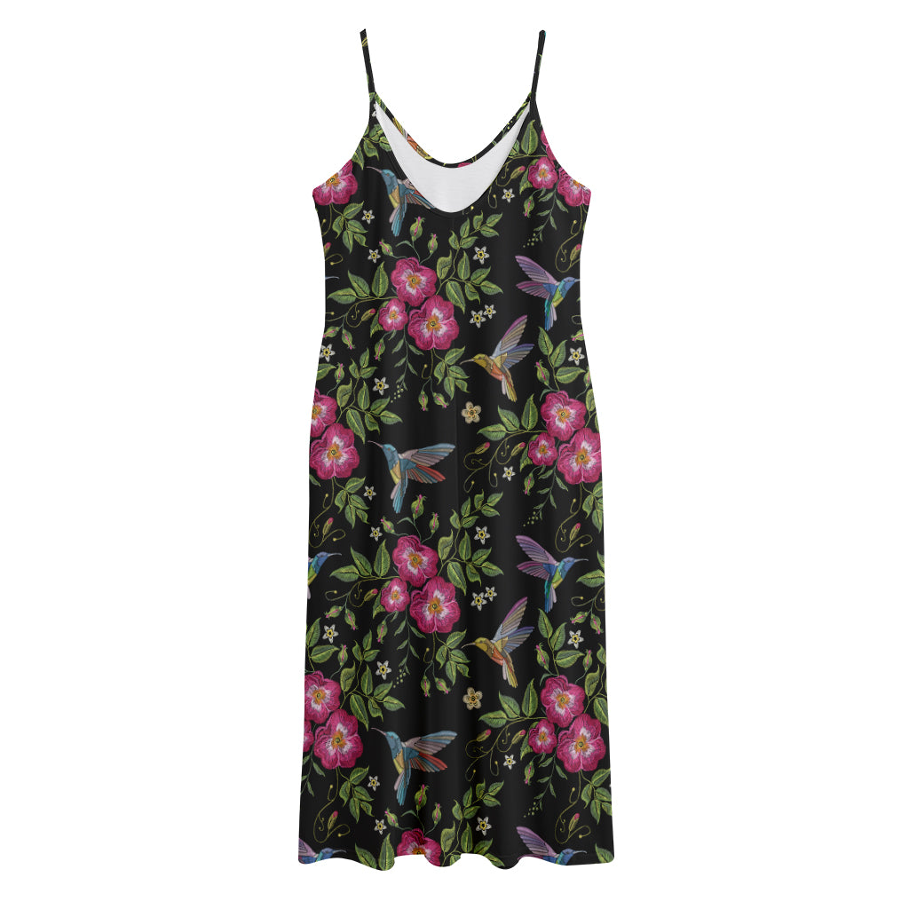 Wild Flowers And Hummingbird Print Jersey Midi Cami Dress