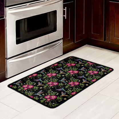 Wild Flowers And Hummingbird Print Kitchen Mat