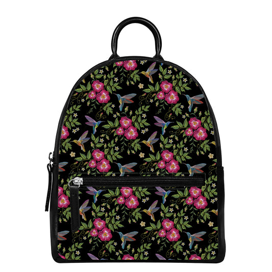 Wild Flowers And Hummingbird Print Leather Backpack