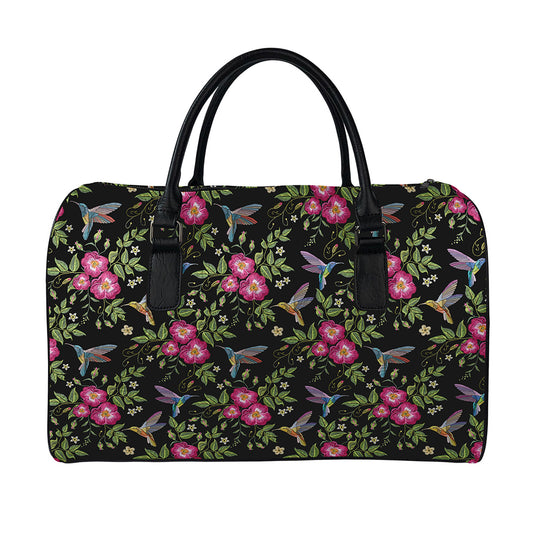 Wild Flowers And Hummingbird Print Leather Duffle Bag