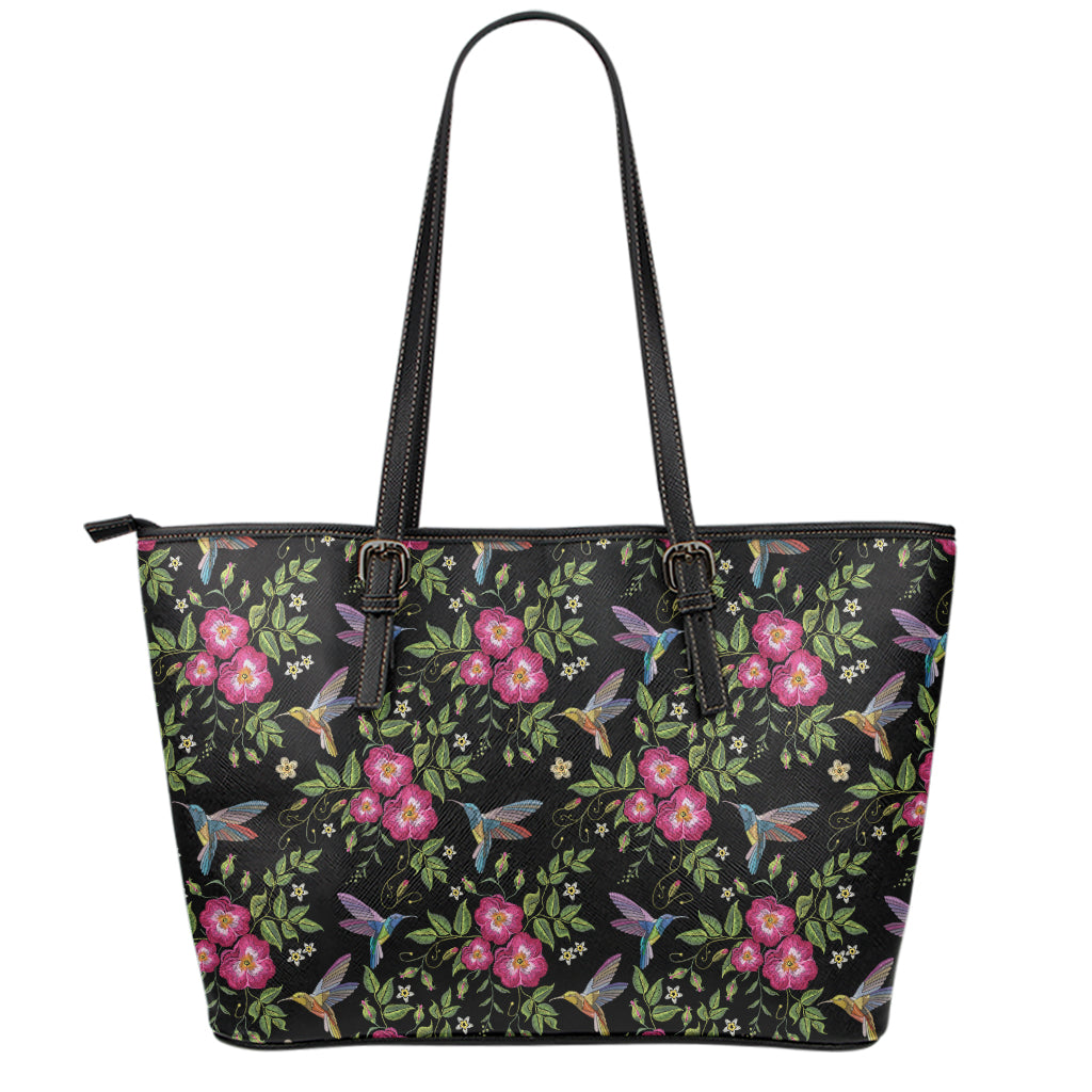 Wild Flowers And Hummingbird Print Leather Tote Bag