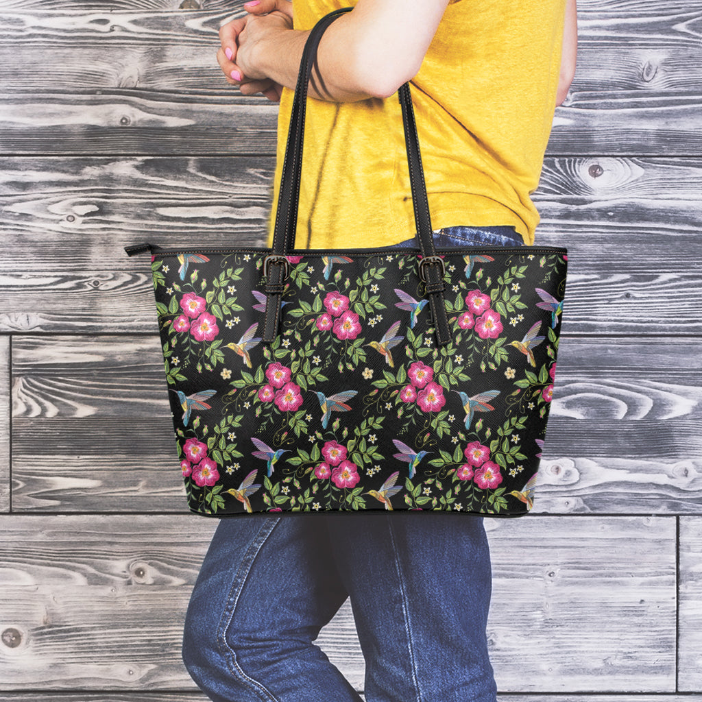 Wild Flowers And Hummingbird Print Leather Tote Bag
