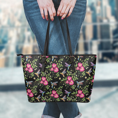 Wild Flowers And Hummingbird Print Leather Tote Bag