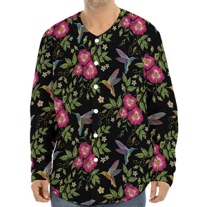 Wild Flowers And Hummingbird Print Long Sleeve Baseball Jersey