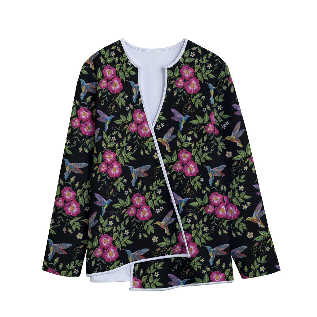 Wild Flowers And Hummingbird Print Long Sleeve Short Coat