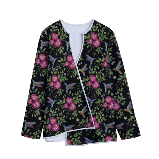 Wild Flowers And Hummingbird Print Long Sleeve Short Coat