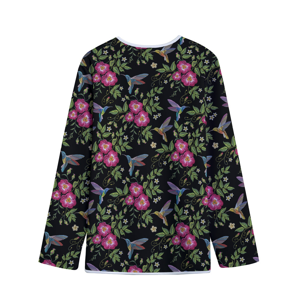 Wild Flowers And Hummingbird Print Long Sleeve Short Coat
