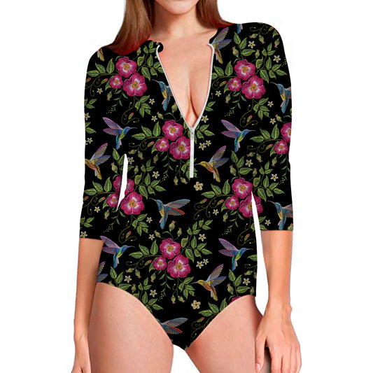 Wild Flowers And Hummingbird Print Long Sleeve Swimsuit