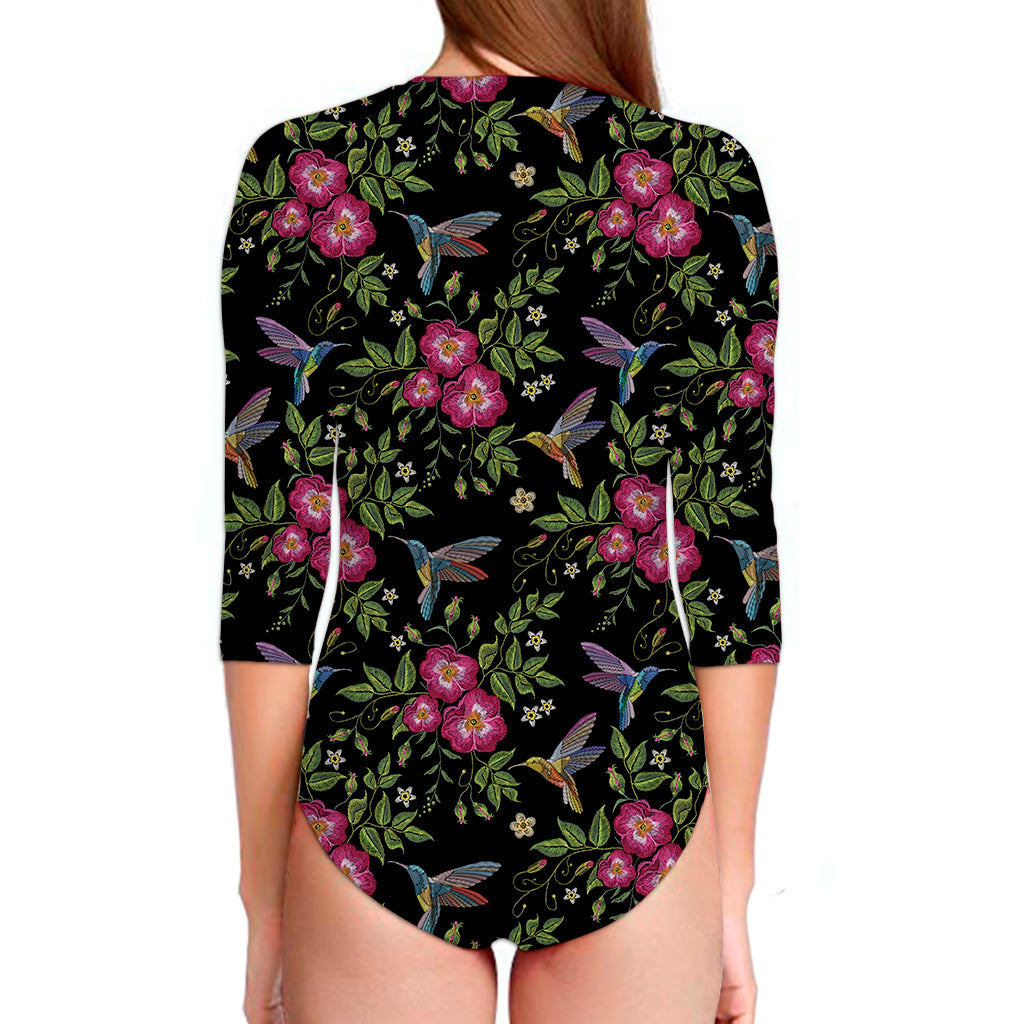 Wild Flowers And Hummingbird Print Long Sleeve Swimsuit