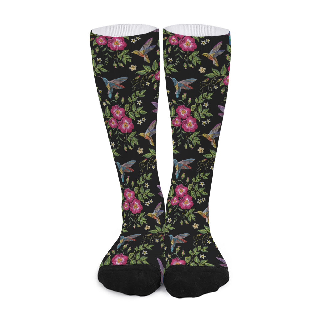 Wild Flowers And Hummingbird Print Long Socks