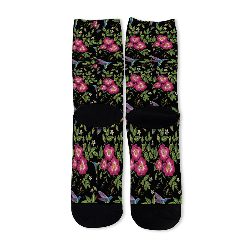 Wild Flowers And Hummingbird Print Long Socks
