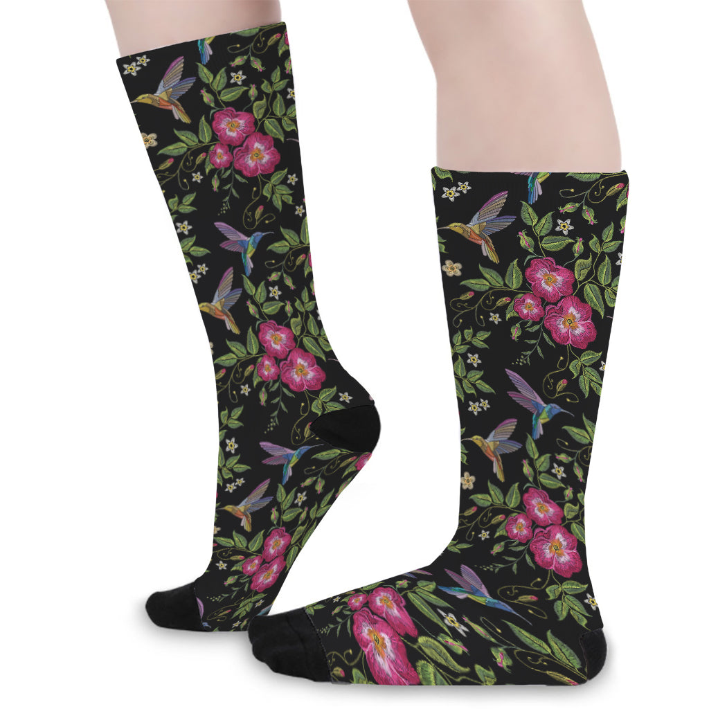Wild Flowers And Hummingbird Print Long Socks