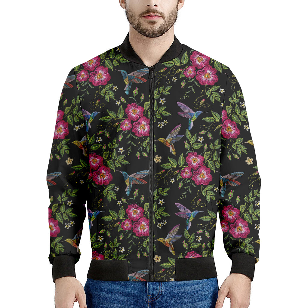 Wild Flowers And Hummingbird Print Men's Bomber Jacket