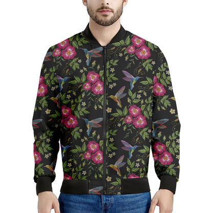 Wild Flowers And Hummingbird Print Men's Bomber Jacket