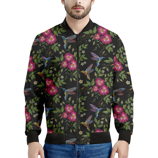Wild Flowers And Hummingbird Print Men's Bomber Jacket