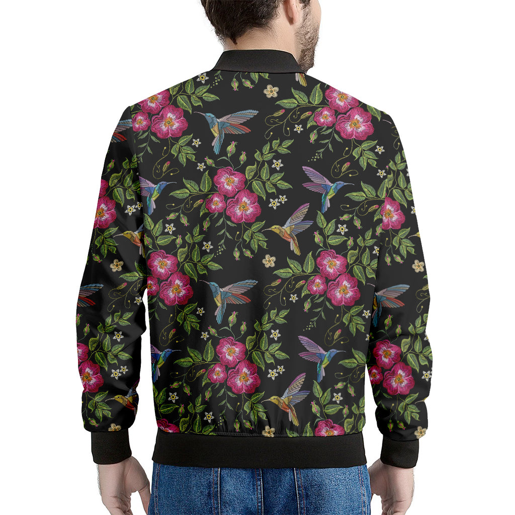 Wild Flowers And Hummingbird Print Men's Bomber Jacket