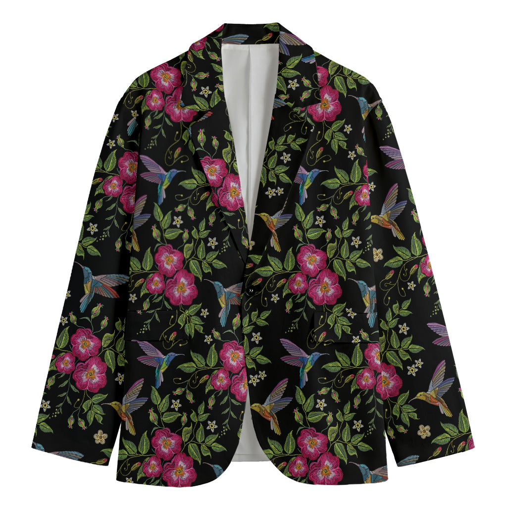 Wild Flowers And Hummingbird Print Men's Cotton Blazer