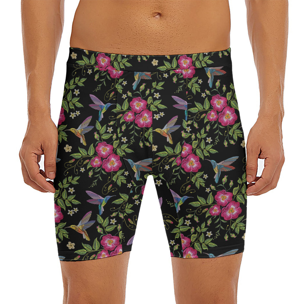 Wild Flowers And Hummingbird Print Men's Long Boxer Briefs