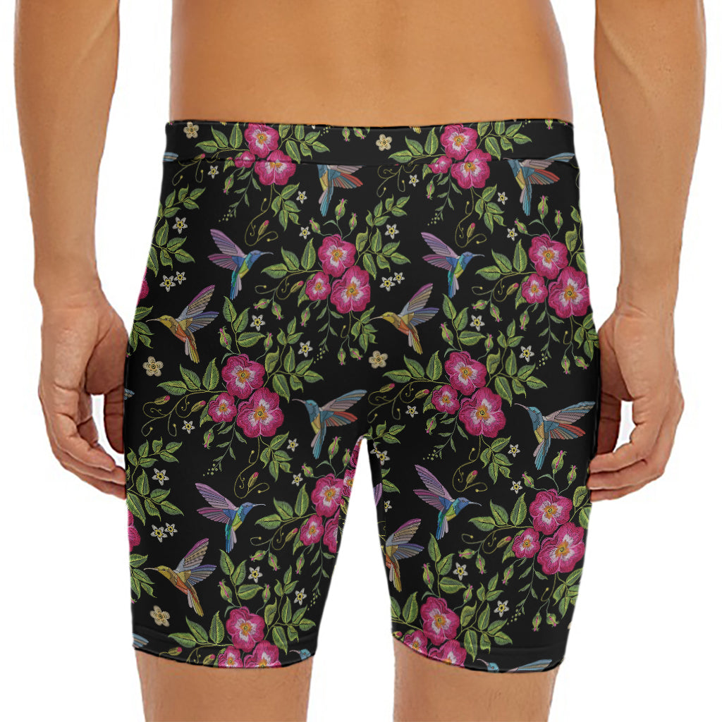 Wild Flowers And Hummingbird Print Men's Long Boxer Briefs