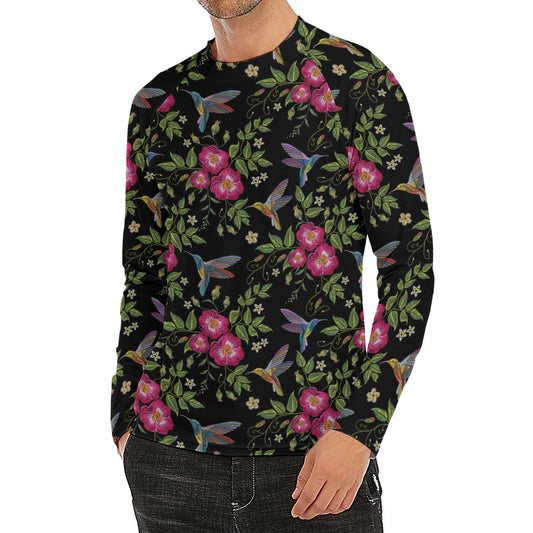 Wild Flowers And Hummingbird Print Men's Long Sleeve Rash Guard