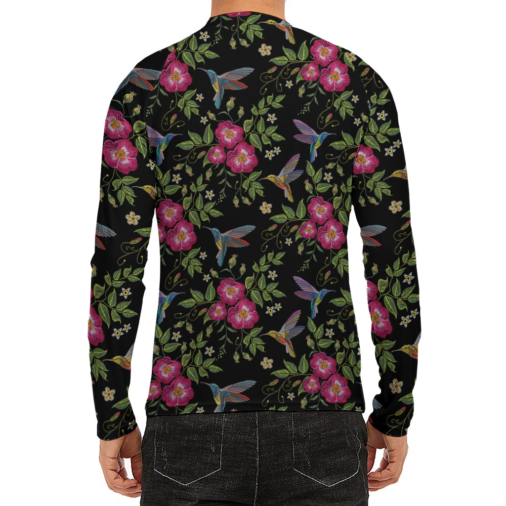 Wild Flowers And Hummingbird Print Men's Long Sleeve Rash Guard