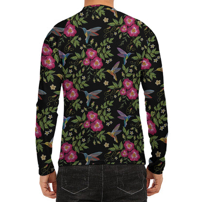 Wild Flowers And Hummingbird Print Men's Long Sleeve Rash Guard