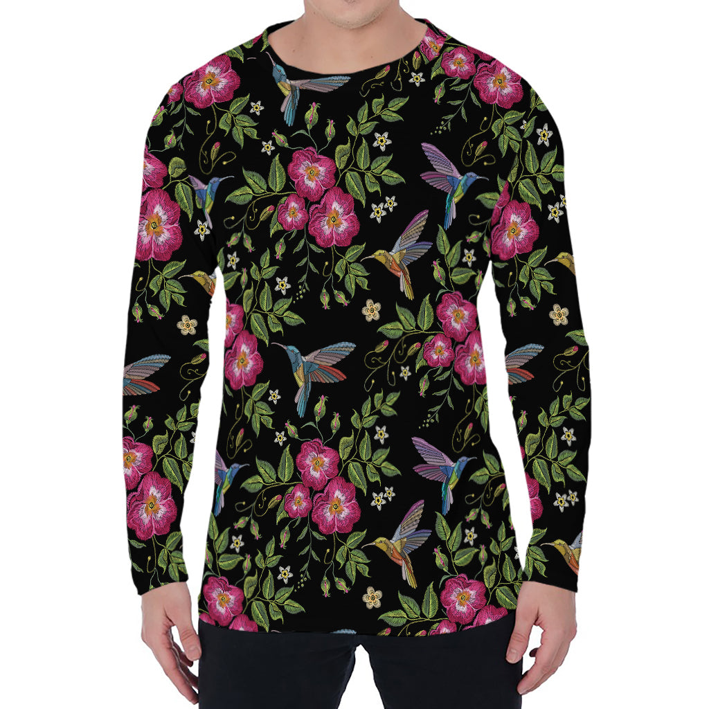Wild Flowers And Hummingbird Print Men's Long Sleeve T-Shirt