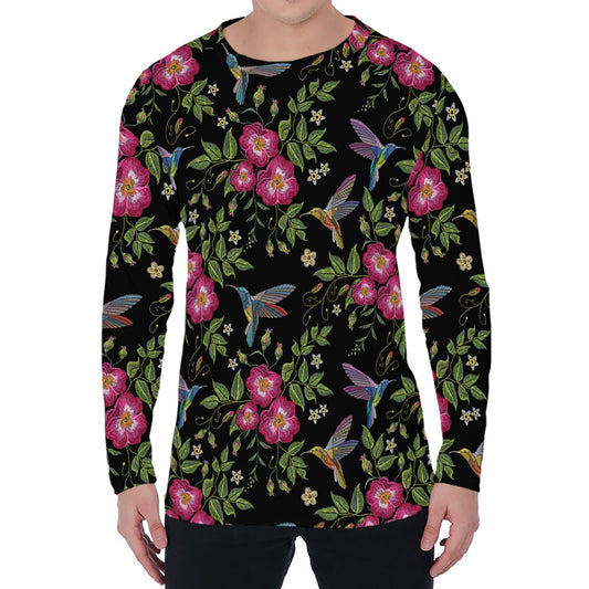 Wild Flowers And Hummingbird Print Men's Long Sleeve T-Shirt