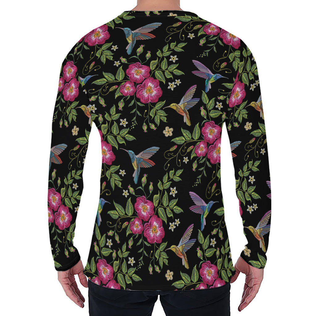 Wild Flowers And Hummingbird Print Men's Long Sleeve T-Shirt