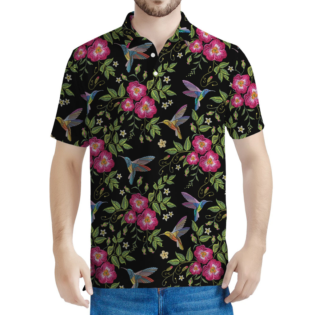 Wild Flowers And Hummingbird Print Men's Polo Shirt