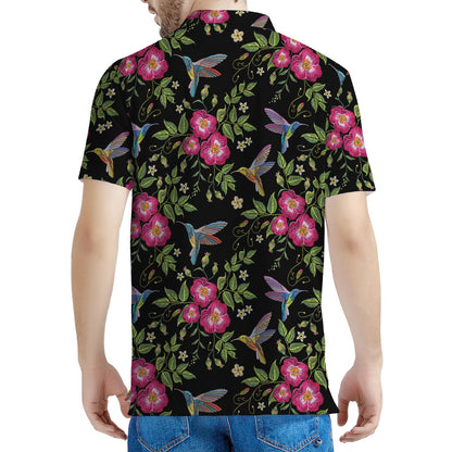 Wild Flowers And Hummingbird Print Men's Polo Shirt